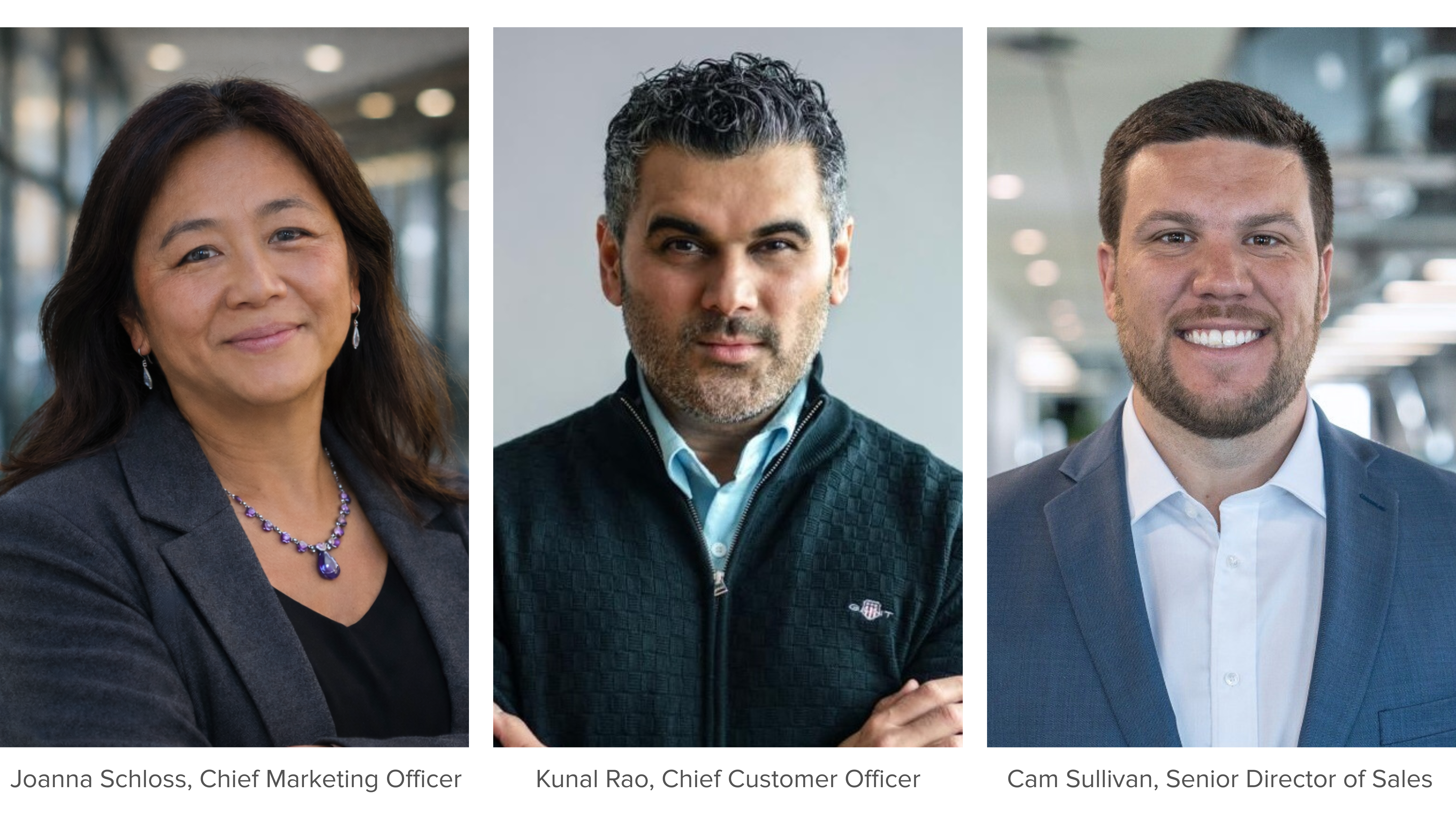 Composite image of Joanna Schloss, Chief Marketing Officer; Kunal Rao, Chief Customer Officer; Cam Sullivan, Senior Director of Sales at Applitools