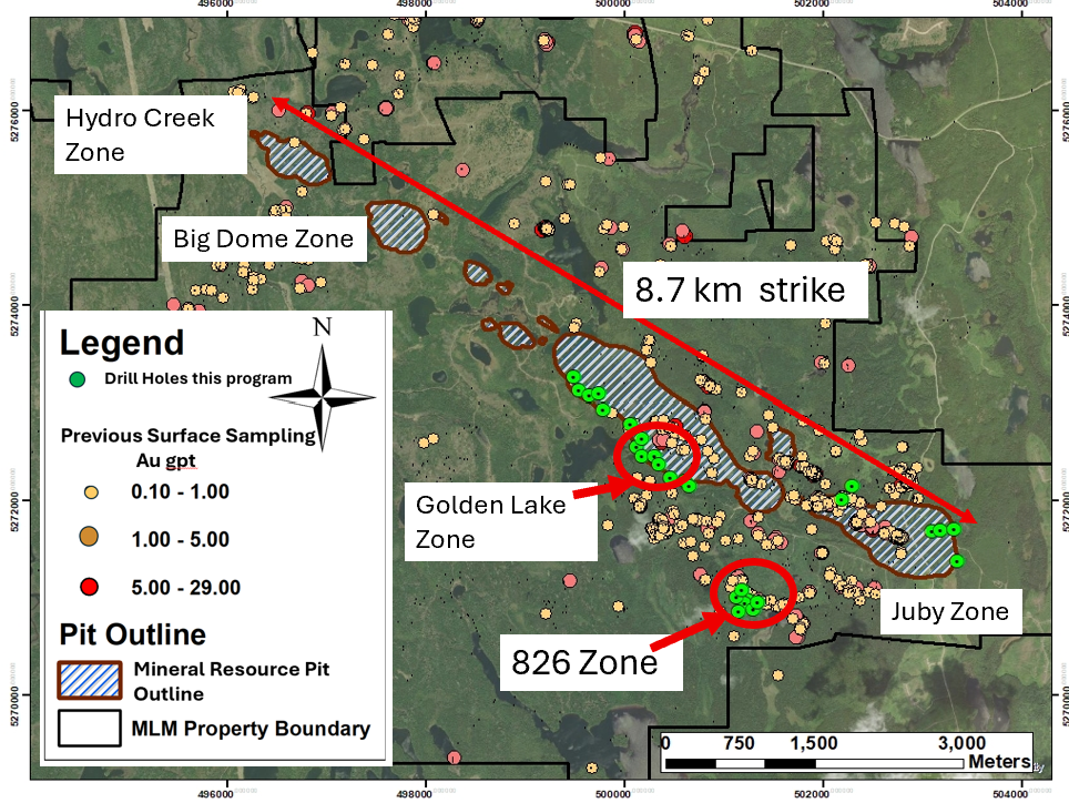 Juby Gold Project - Plan View of Exploration Drilling Program Showing Drill Hole Locations at Golden Lake, Juby and 826 Zones