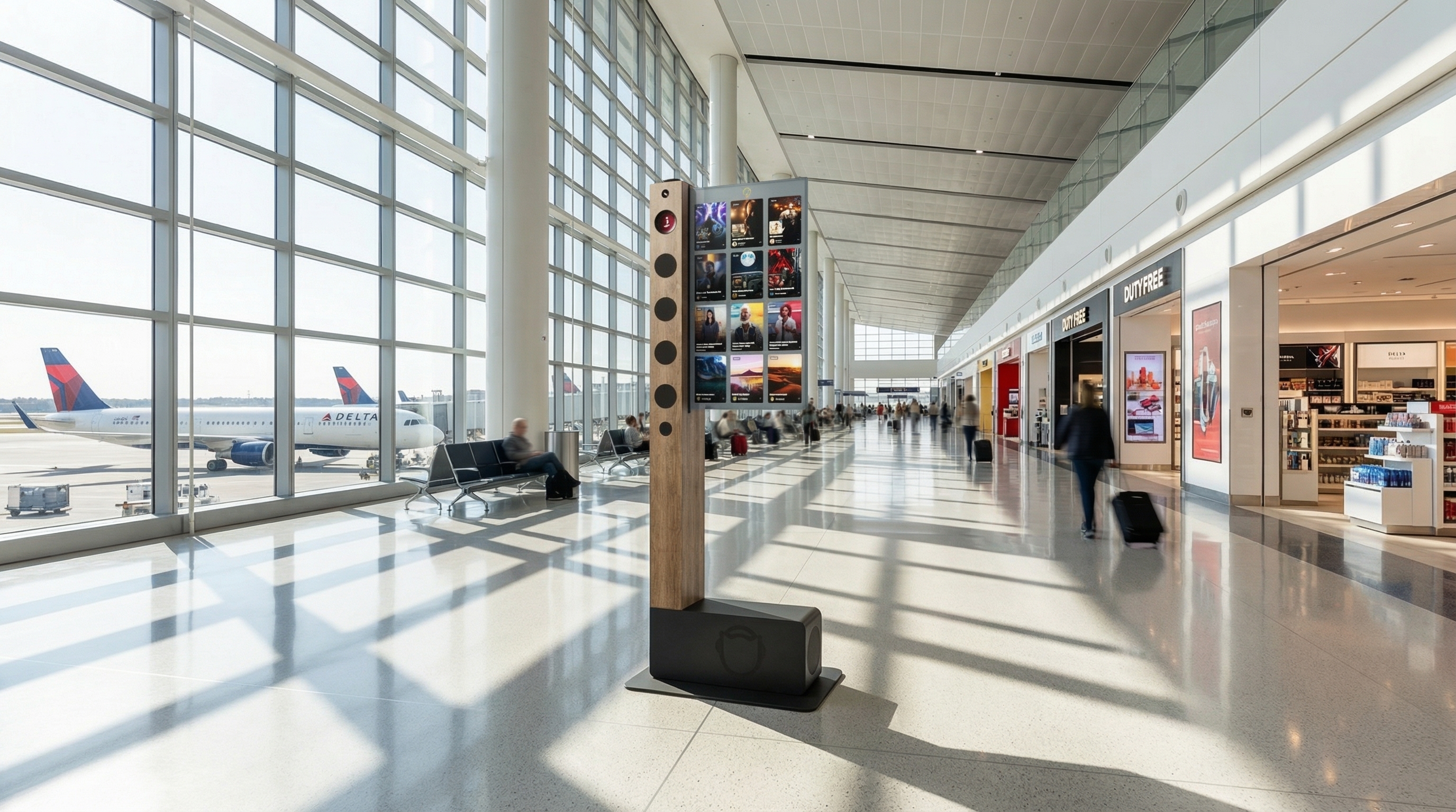 An image of Napster Station operating in a busy airport.