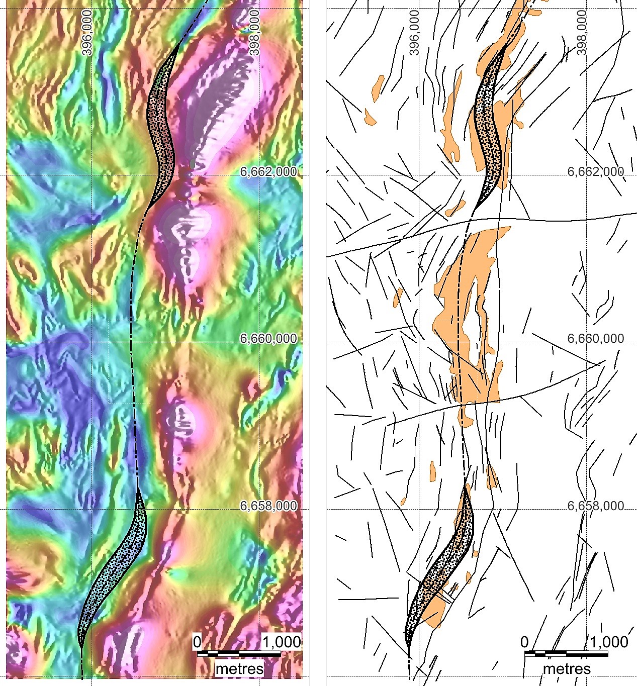 Figure 2: Sigmoidal structural zones (black hatch areas) on ASVI magnetics (left) and alteration (right). Alteration shown in the gold colour.