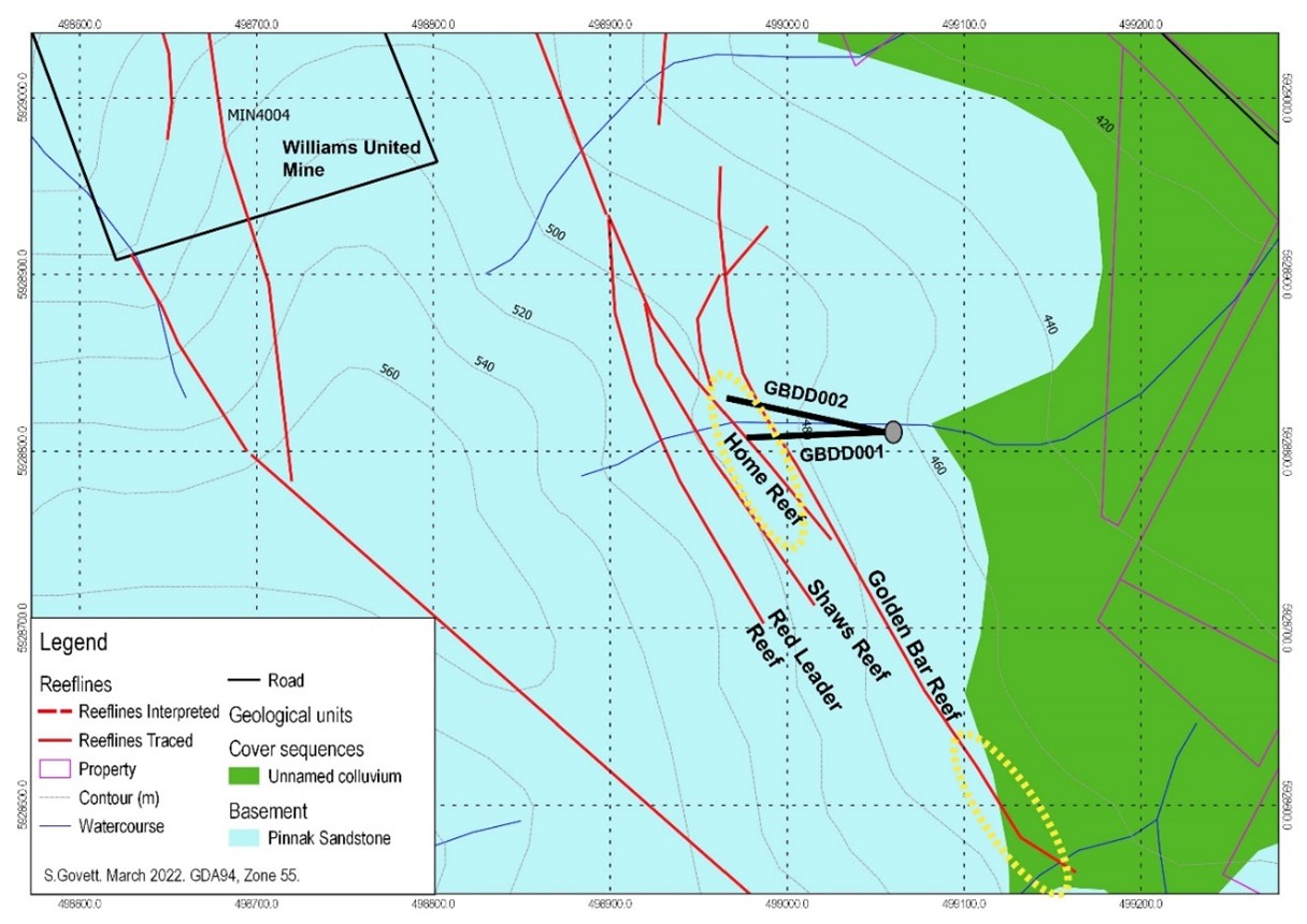 Figure 9 Location map of holes GBDD001 and GBDD002, Golden Bar Prospect. Both Hole Reef targets and Golden Bar target zones in yellow