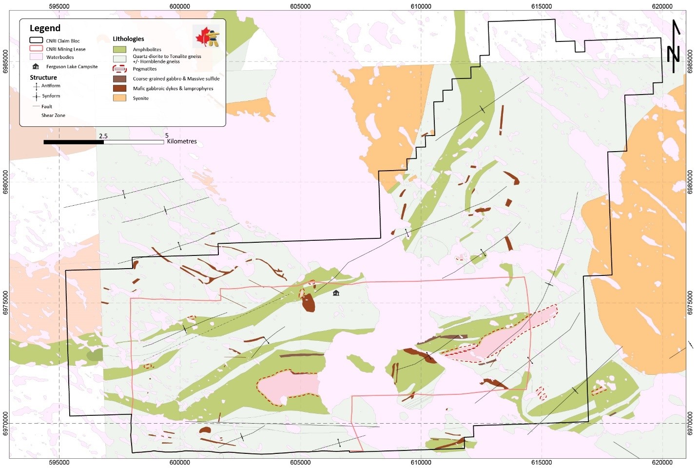 Regional Geology and occurrences of pegmatites (in pink color) at the Ferguson Lake project
