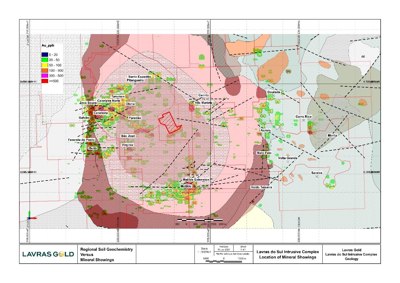 Regional Soil Geochemistry Anomalies versus Geology of the Lavras do Sul Intrusive Complex and Known Mineral Showings