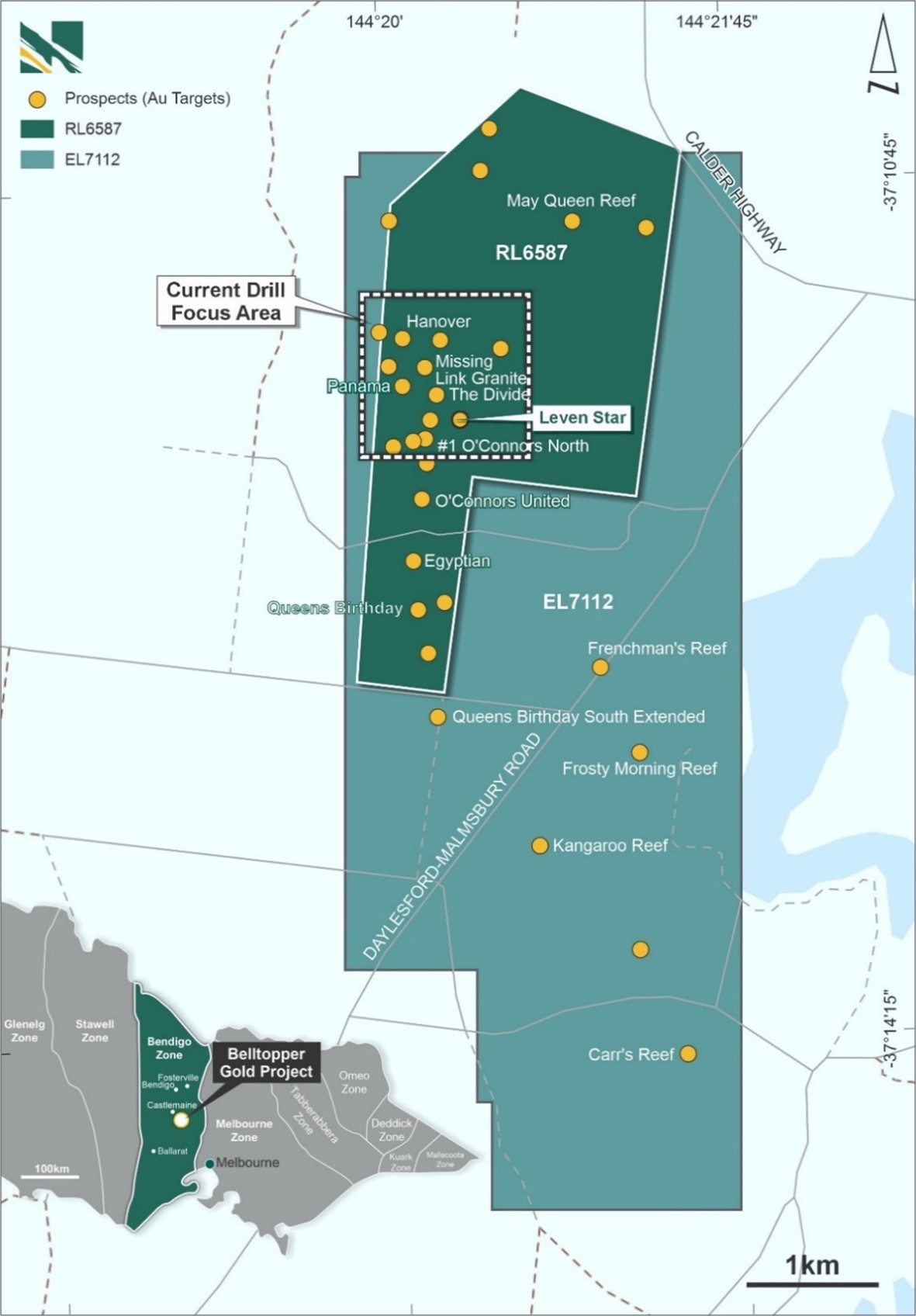The Belltopper Gold Project location map with focus area for recent completed drilling.