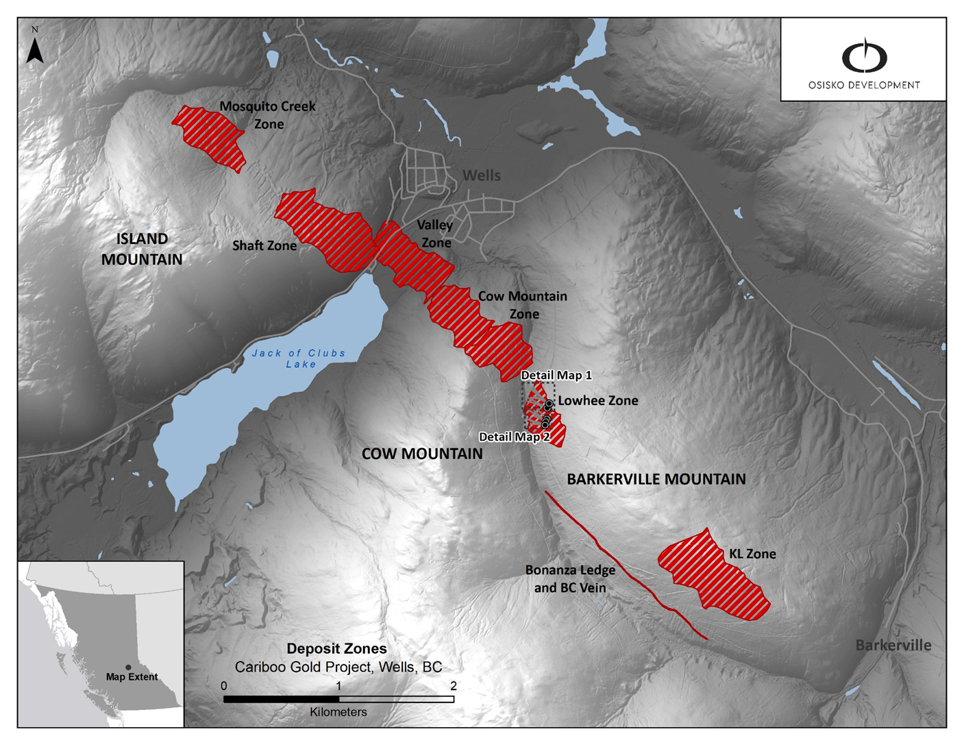 Figure 1: Cariboo deposit areas with drill locations