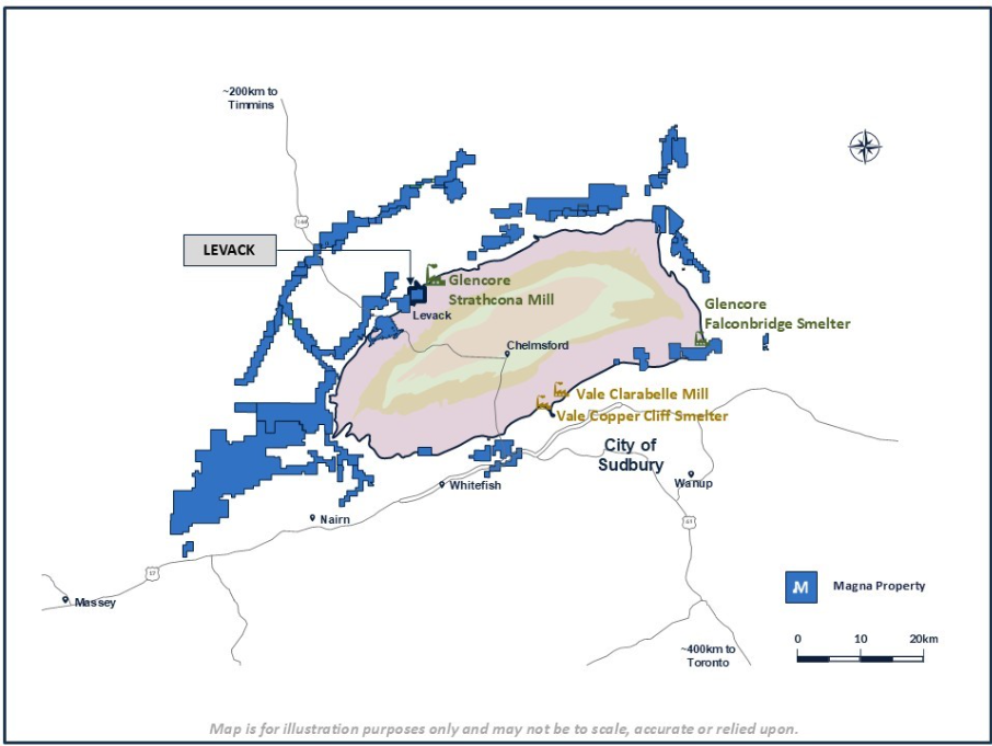 Figure 1: Location of Magna Mining’s Properties, Including the Levack Mine and Key Sudbury Infrastructure