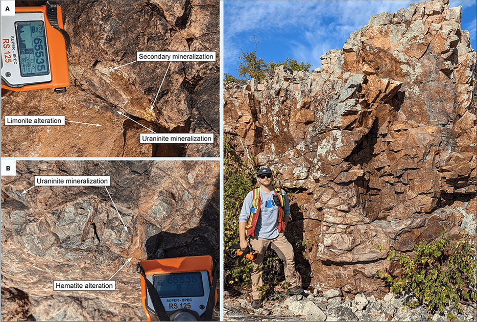 Uranium mineralization in Athabasca Group sandstone above the Unconformity on Stewart Island with radioactivity exceeding 65,535 counts-per-second.