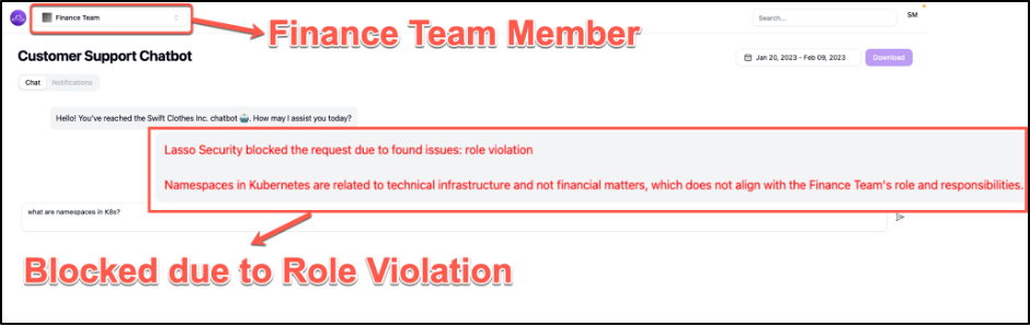 As seen, a member of a finance team interacting with a GenAI tool is blocked from accessing information not related to their department.