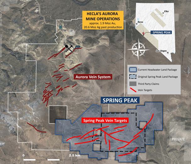 Figure 1, Location of the Spring Peak Project relative to Hecla Mining Company’s Aurora mine complex.