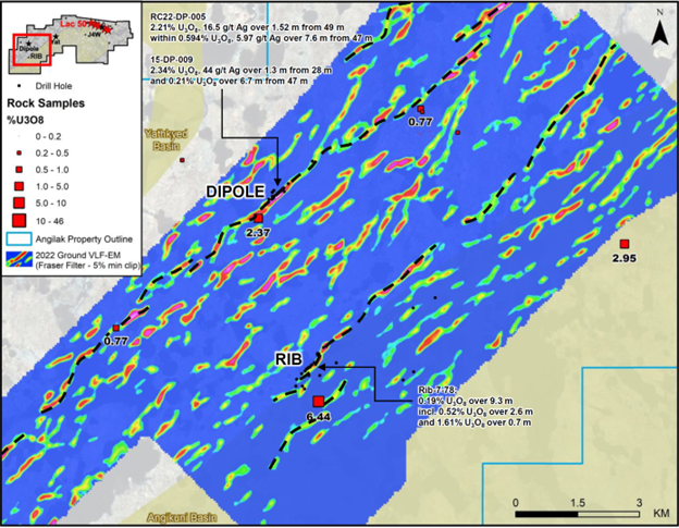 Figure 4: Plan map of Dipole and RIB targets, showing new ground VLF-EM and extensions to the prospective conductor trends.