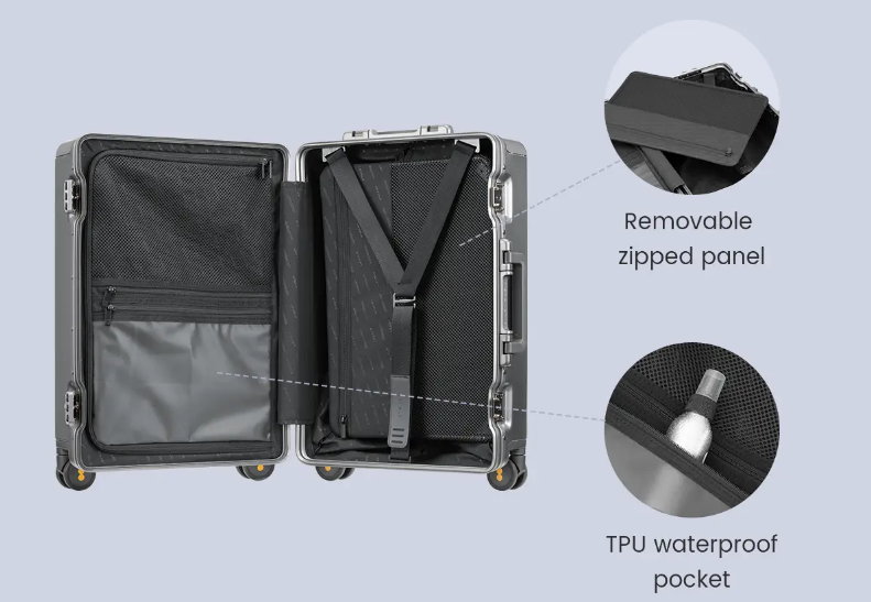 Open LEVEL8 HEGENT carry-on luggage displays interior compartments, securing straps, a removable zipped panel, and a TPU waterproof pocket.
