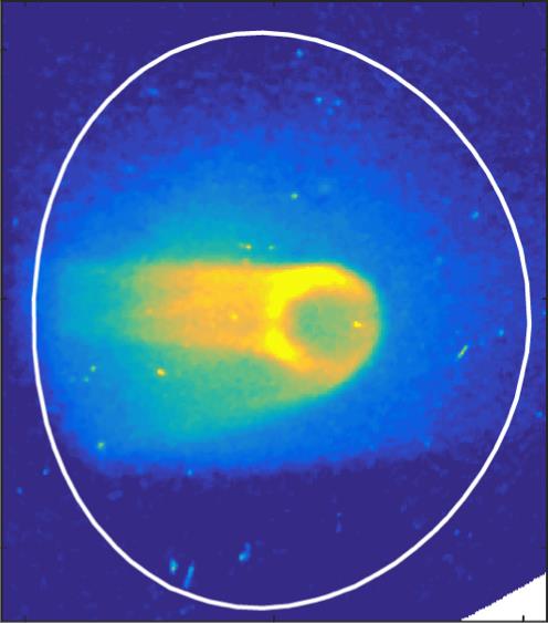 This image shows an instability (the ring-like structure at the center) caused by a runaway electron (RE) beam inside the DIII-D tokamak as measured by a fast imaging camera. These instabilities suggest methods for controlling damaging RE beams. Courtesy General Atomics 