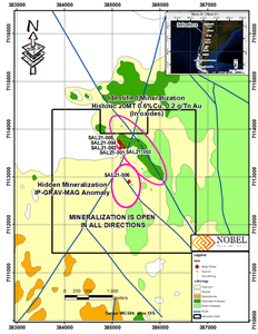 Location of the two target areas and drill holes at La Salvadora Project.
