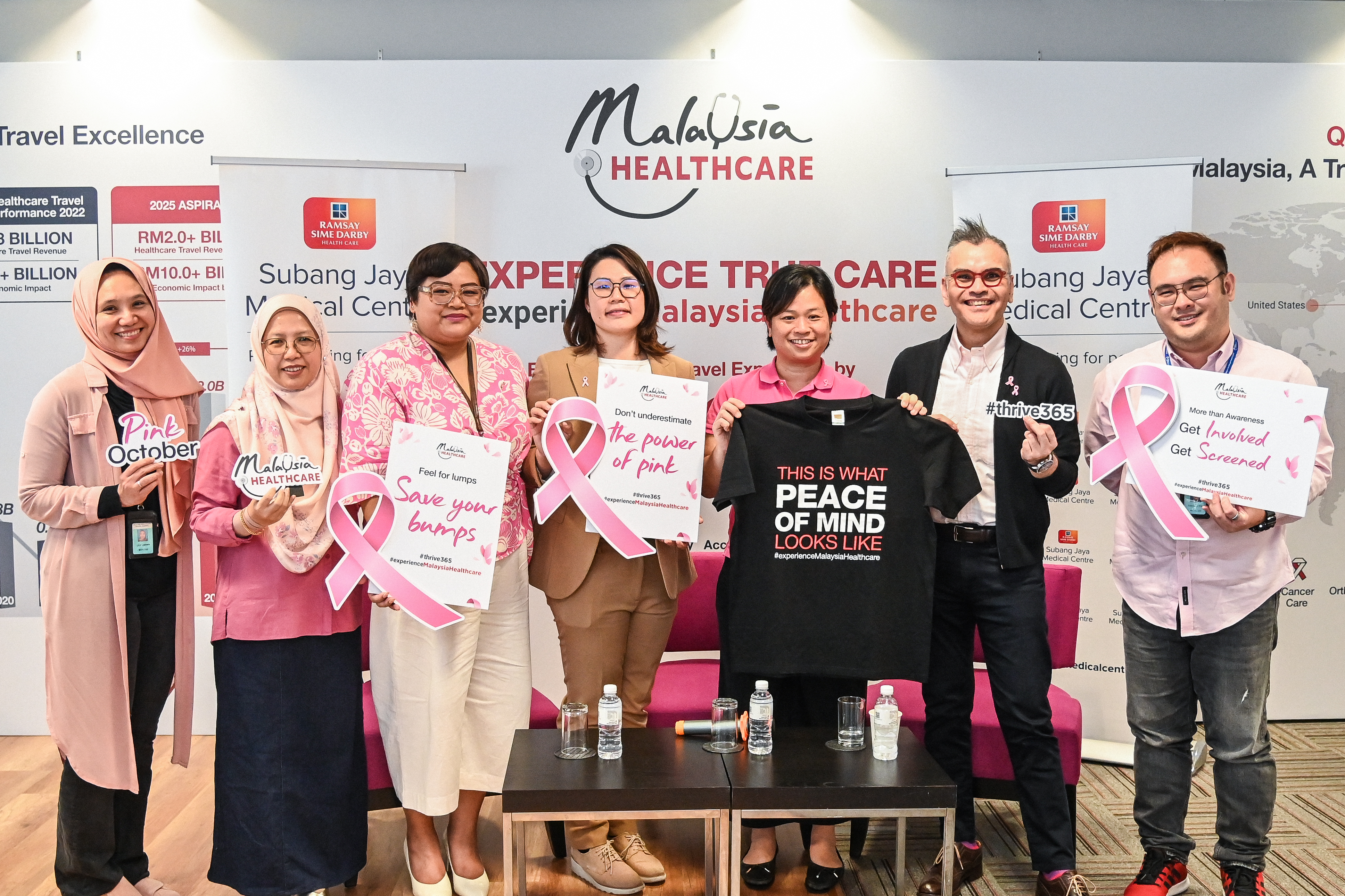 (From Left) Ms. Lily Jasmin, Vice President of Corporate Strategy; Ms. Norhaslina Mamat, Vice president of Facilitation; Ms. Tutie Ismail, Vice President of Communications at MHTC; Dr. Teh Mei Sze, Consultant Breast Surgeon (Oncoplastic) Subang Jaya Medical Centre (SJMC); Ms. Yoon Sook Yee, Certified Genetic Counsellor Subang Jaya Medical Centre (SJMC); Mr. Farizal Jaafar, Acting Chief Executive Officer of MHTC; Tan Kay Pau, Vice President of Business Stability at MHTC Breast Cancer Awareness Day “Thrive 365”