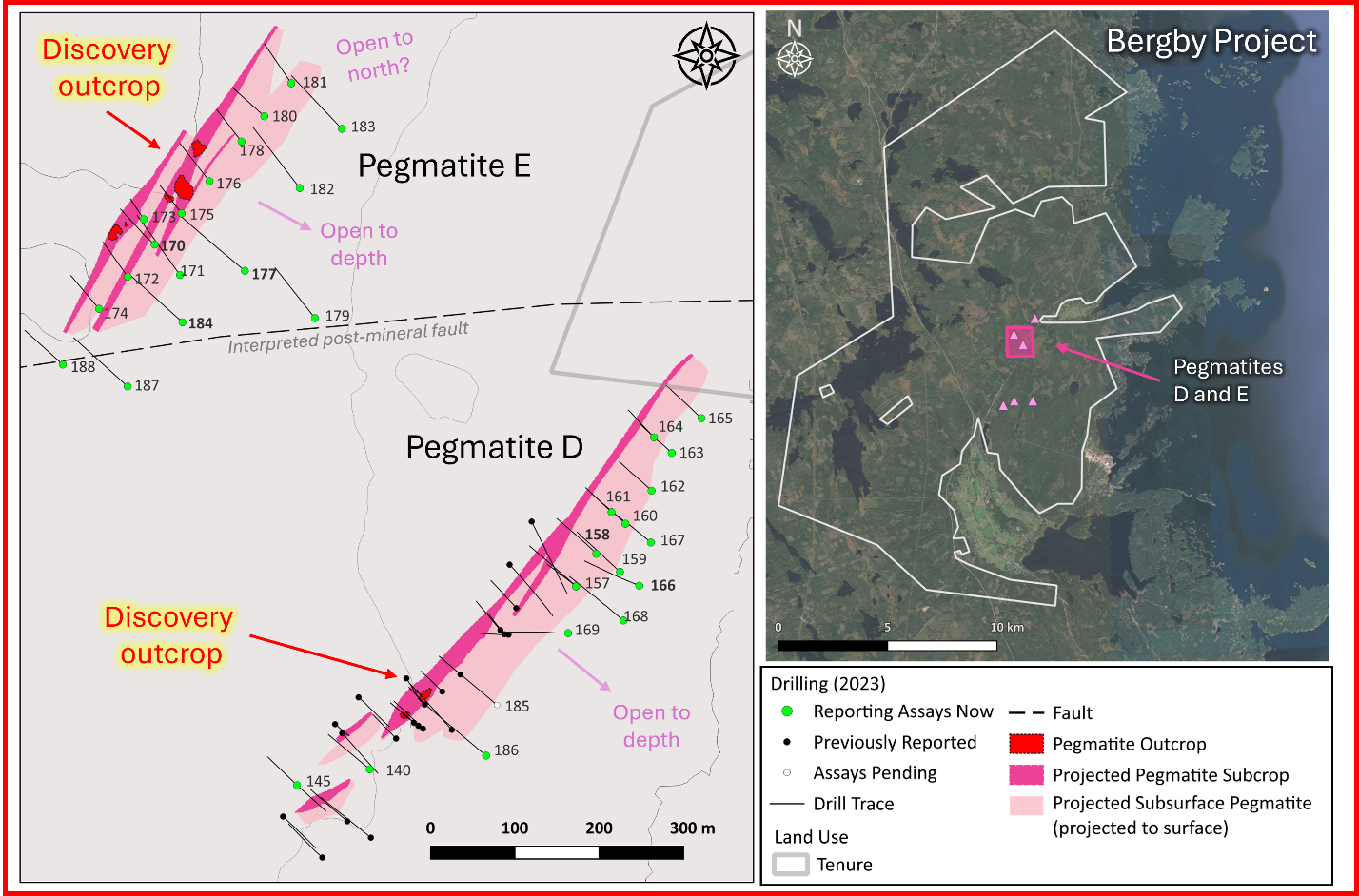 Bergby Project Pegmatites D and E and Drill Holes, June 12, 2024