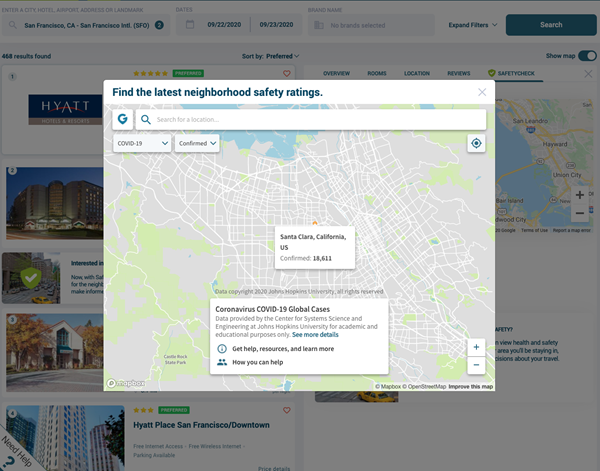 A view of Deem SafetyCheck shows current and historic COVID-19 cases, and additional information, in a neighborhood. Data provided by GeoSure and Johns Hopkins University.