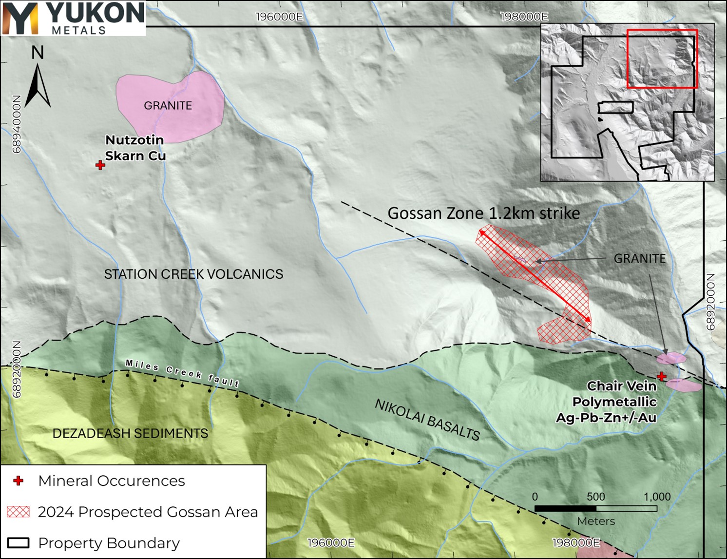 Chair Mountain area geology from Israel et. al, 2007 with granite mapping from AR 094599 and the 2024 Yukon Metals field program.