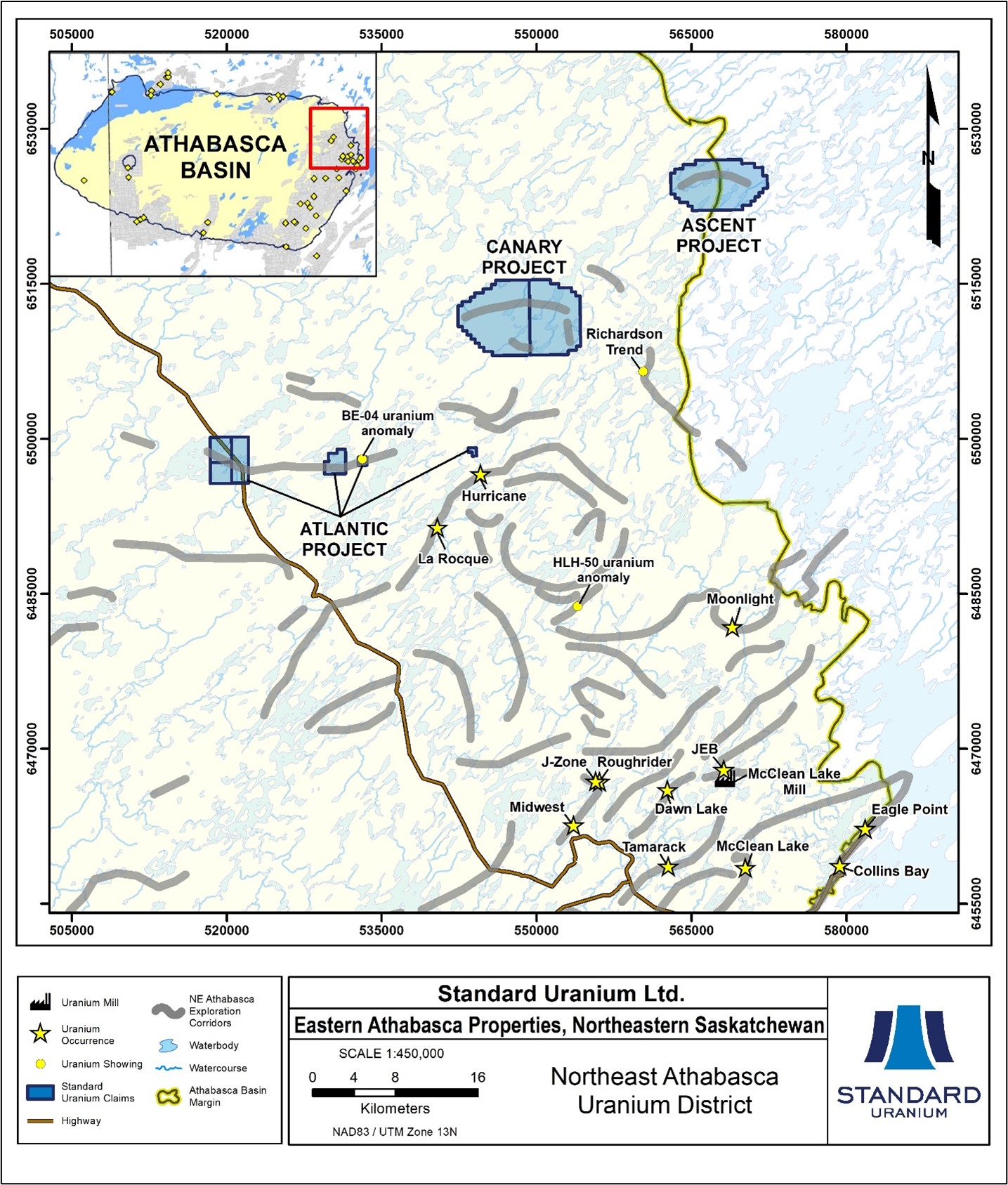 Plan map highlighting Standard Uranium’s eastern Athabasca Projects and exploration trends, with respect to current uranium showings, discoveries, and deposits.