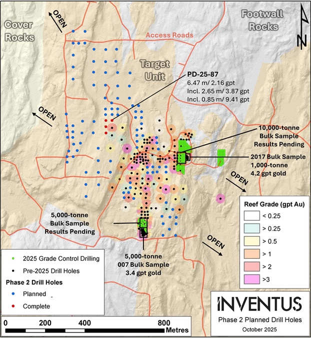 Plan map illustrating the gold grade (gpt Au) of the approximately 2-metre-thick gold-bearing reef at the Pardo project with Lidar background. Locations of the planned phase 2 drill holes and bulk sampling sites outlined with blue circles and black boxes.