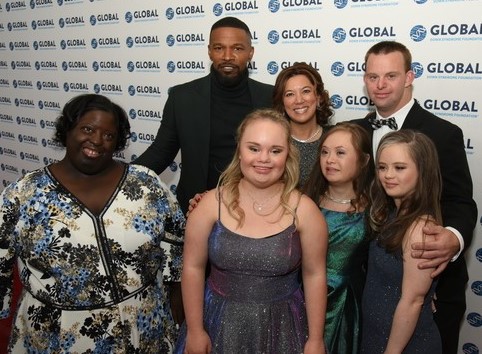 At Global's 2019 Be Beautiful Be Yourself Fashion Show: (L-R) DeOndra Dixon, Jamie Foxx, Charlotte Fonfara-LaRose, Michelle Sie Whitten, Kennedy Garcia, Tim Harris, Megan Bomgaars