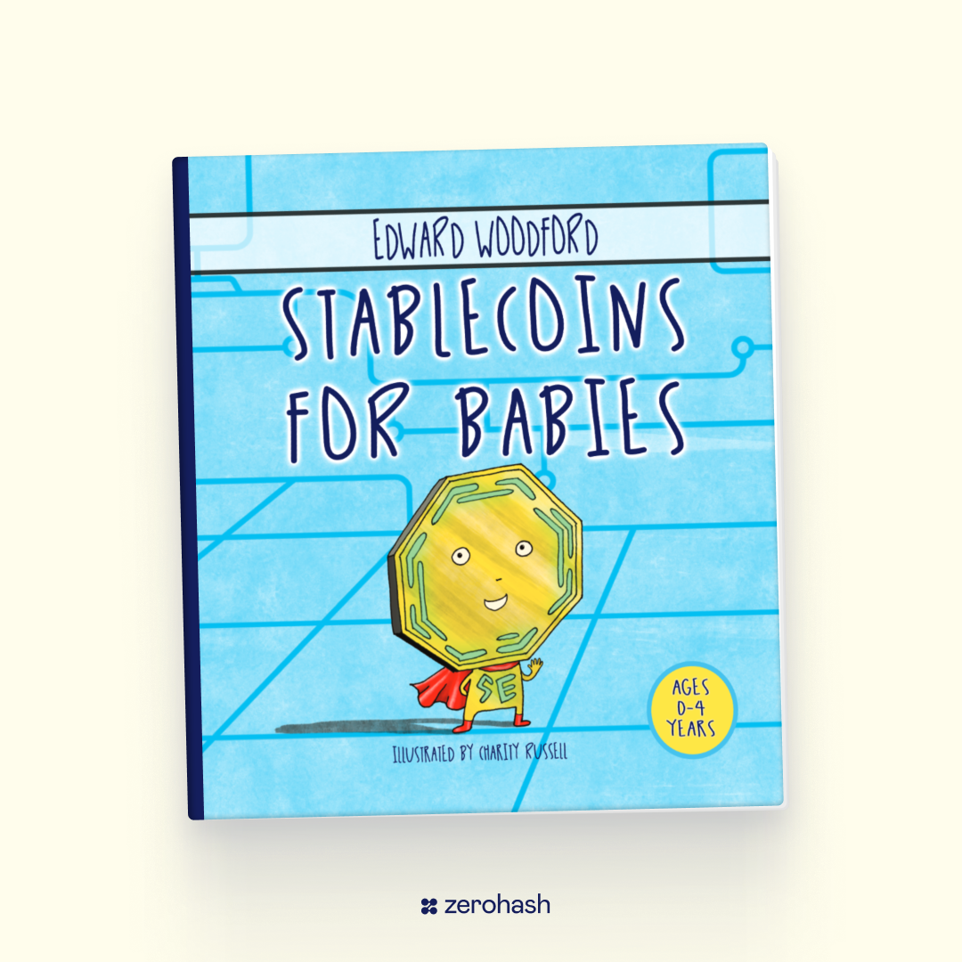 Illustrated book cover of "Stablecoins for Babies," a children's guide to understanding stablecoins, digital payments, and beginner financial literacy