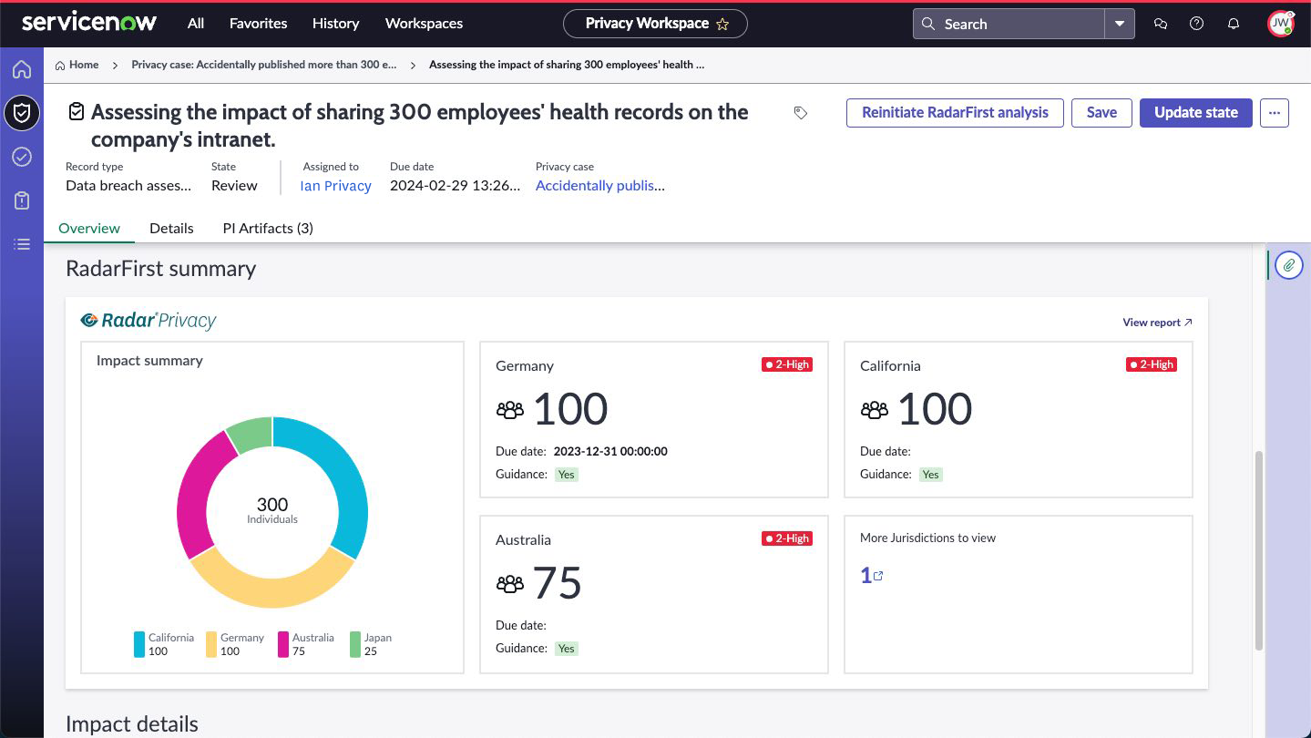 Radar Privacy automated incident risk assessment provides impact summary, jurisdiction, and risk assessment within ServiceNow Privacy Management.