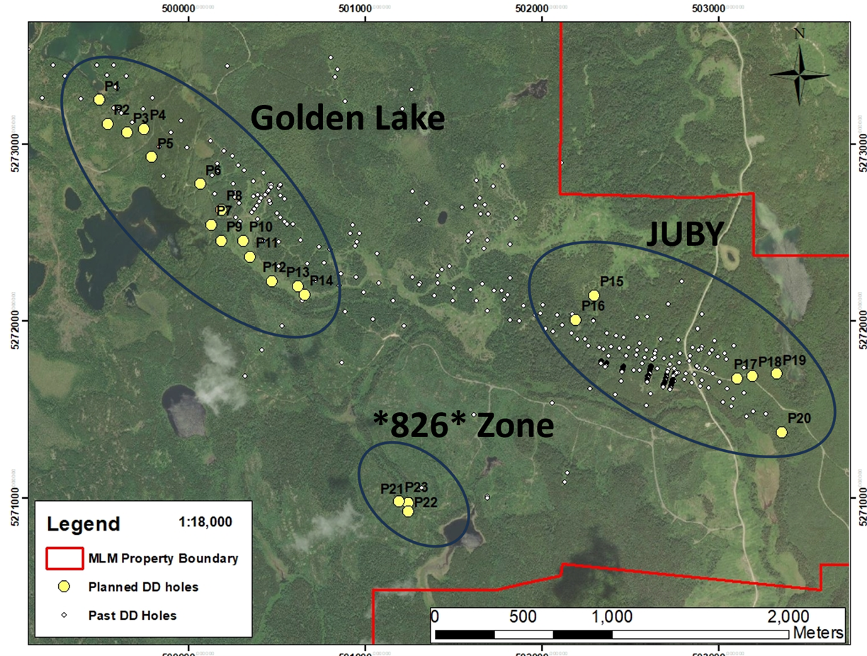 Plan View of Exploration Drilling program showing location of 826, Juby and Golden Lake Zones