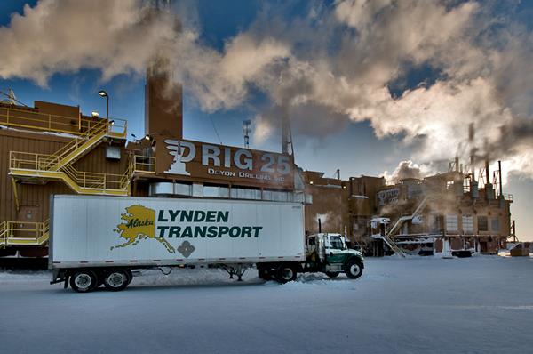 A Lynden Transport truck hauls freight to a remote site on the North Slope of Alaska. Lynden has been serving Alaska since 1954.