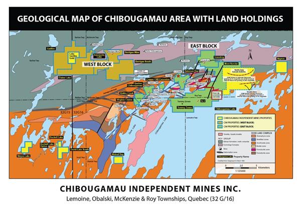 Geological map of Chibougamau area with land holdings