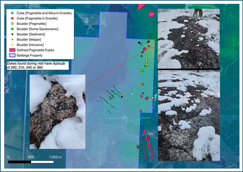 Map shows newly discovered points of interest at the Baillargé Property (Pegmatite Dykes in Granite Outcrops, Pegmatite Boulders, Boulders with Spodumene)