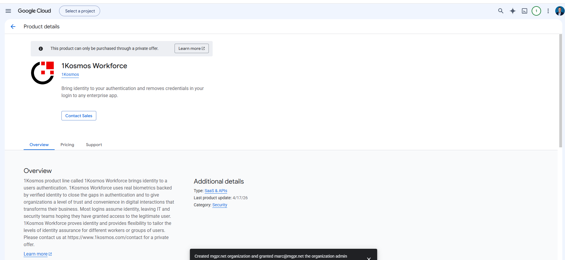 1Kosmos Google Marketpalce Screenshot