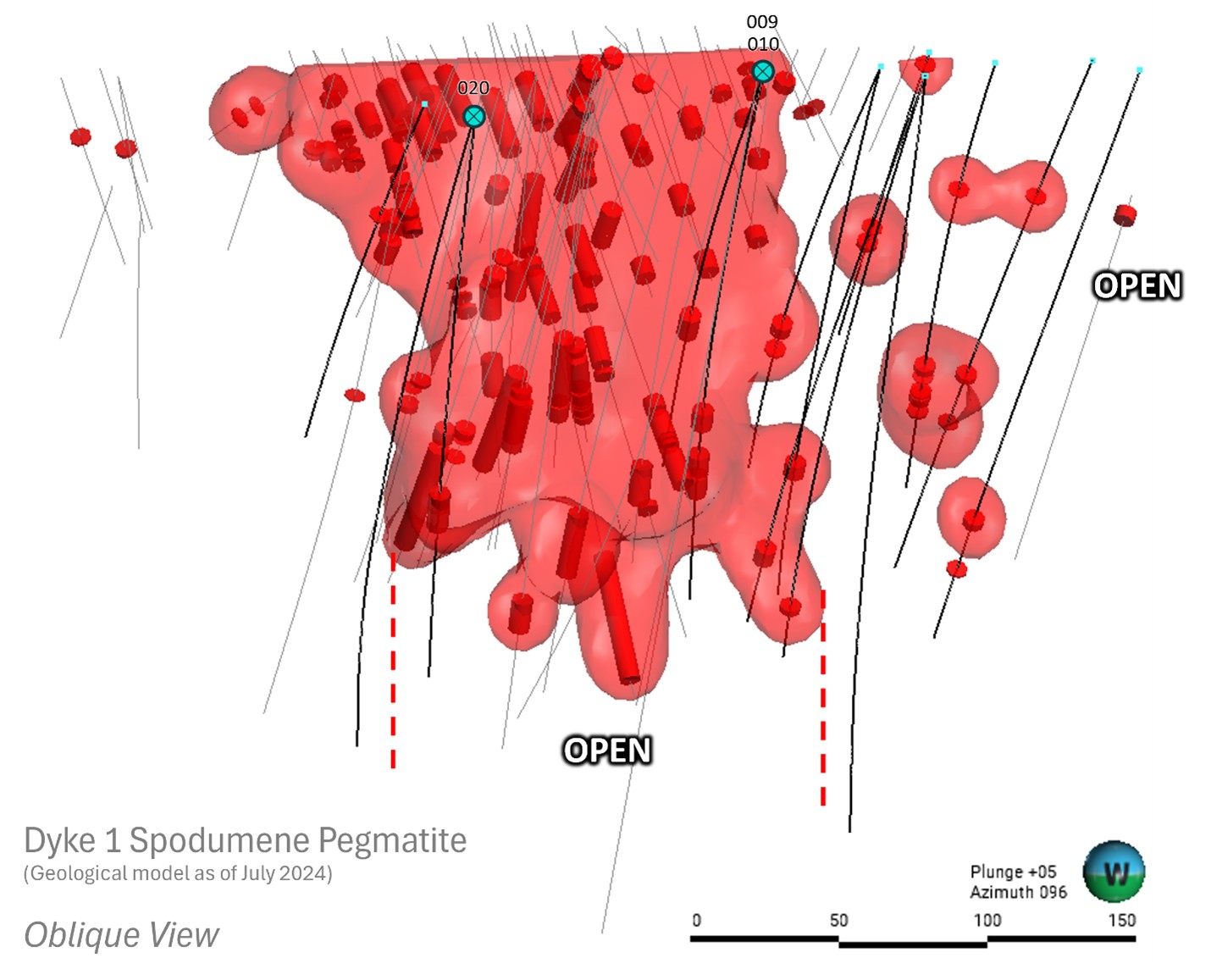 Preliminary geological model of drill collars at Dyke 1 from Zoro 2024 drill program (denoted by teal markers)