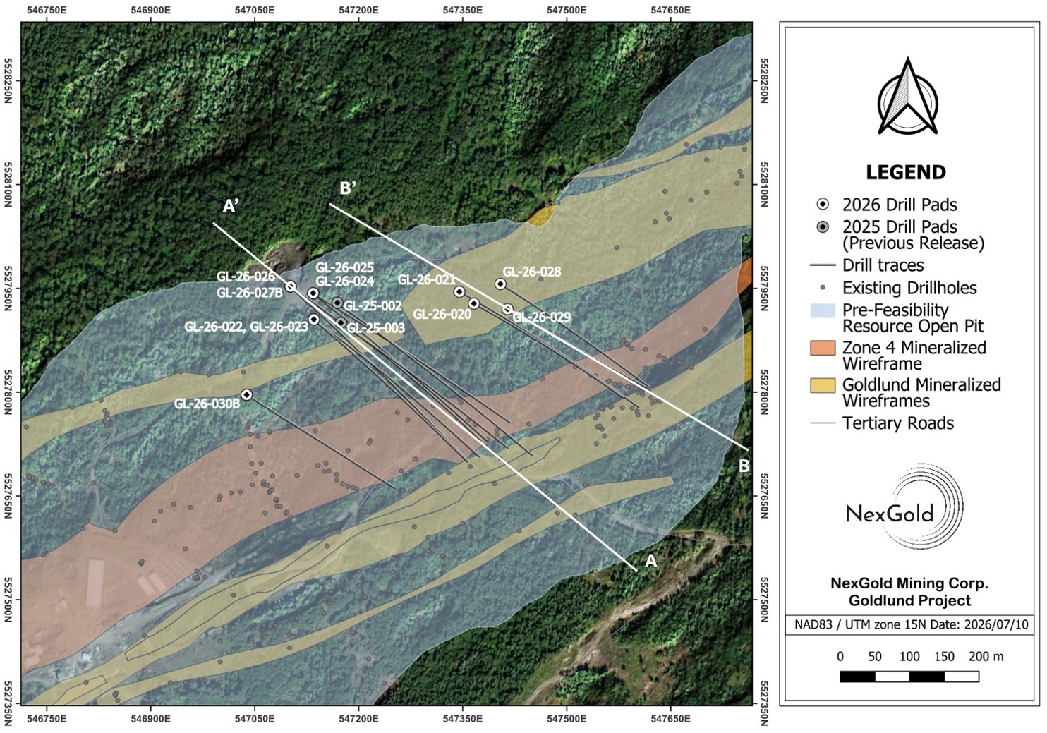 Plan map showing the location of the Goldlund Zone 4 infill drill holes.