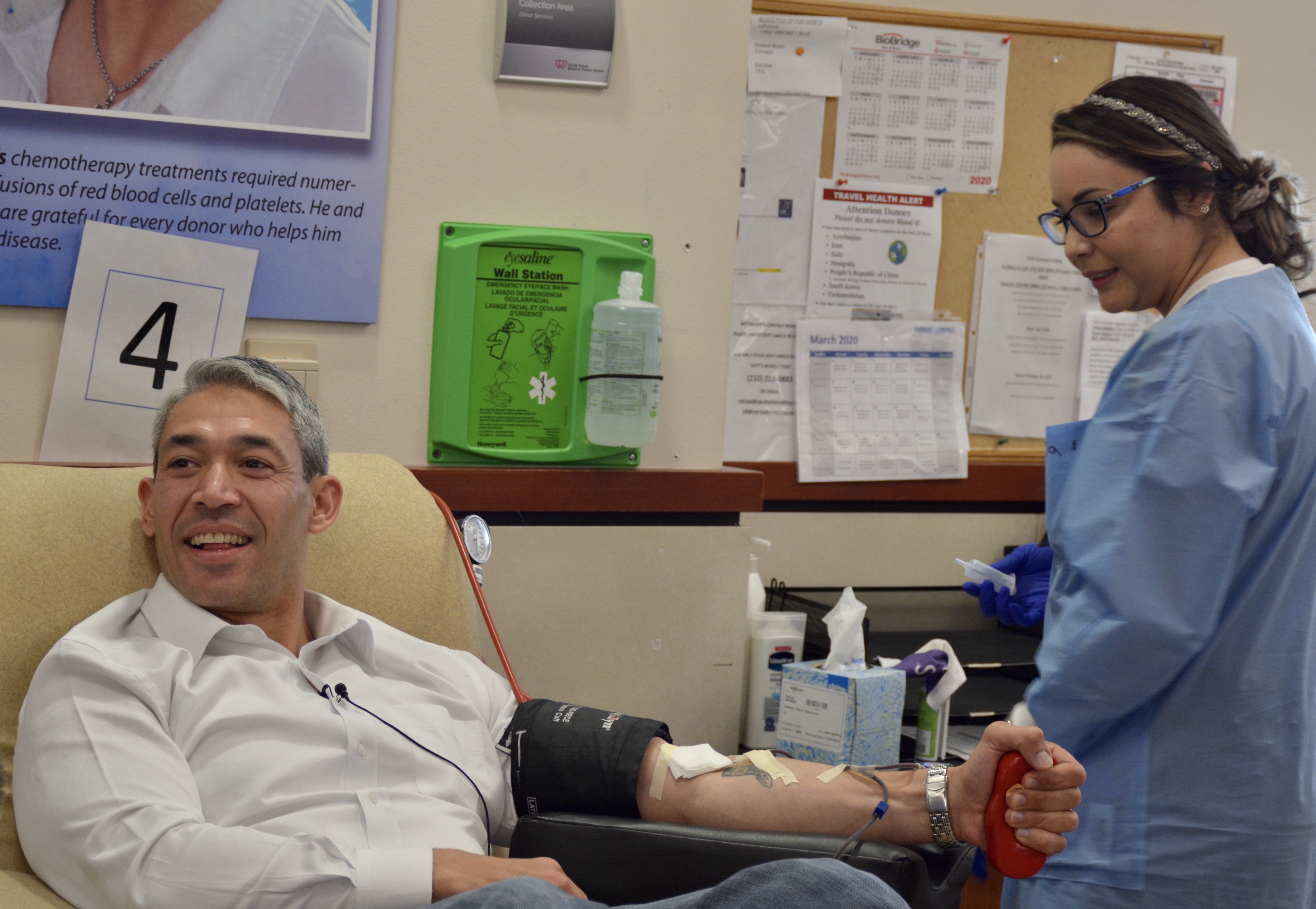 San Antonio Mayor Ron Nirenberg donates blood after designating blood donation an 'essential city function' at a news conference on Saturday, March 14. The mayor said "Just like you are considering your own work schedules and making sure you’re taking care of your children during the turbulence of the next few weeks, we also need you to consider your neighbors in need…. Your actions now really matter and can save lives.” 