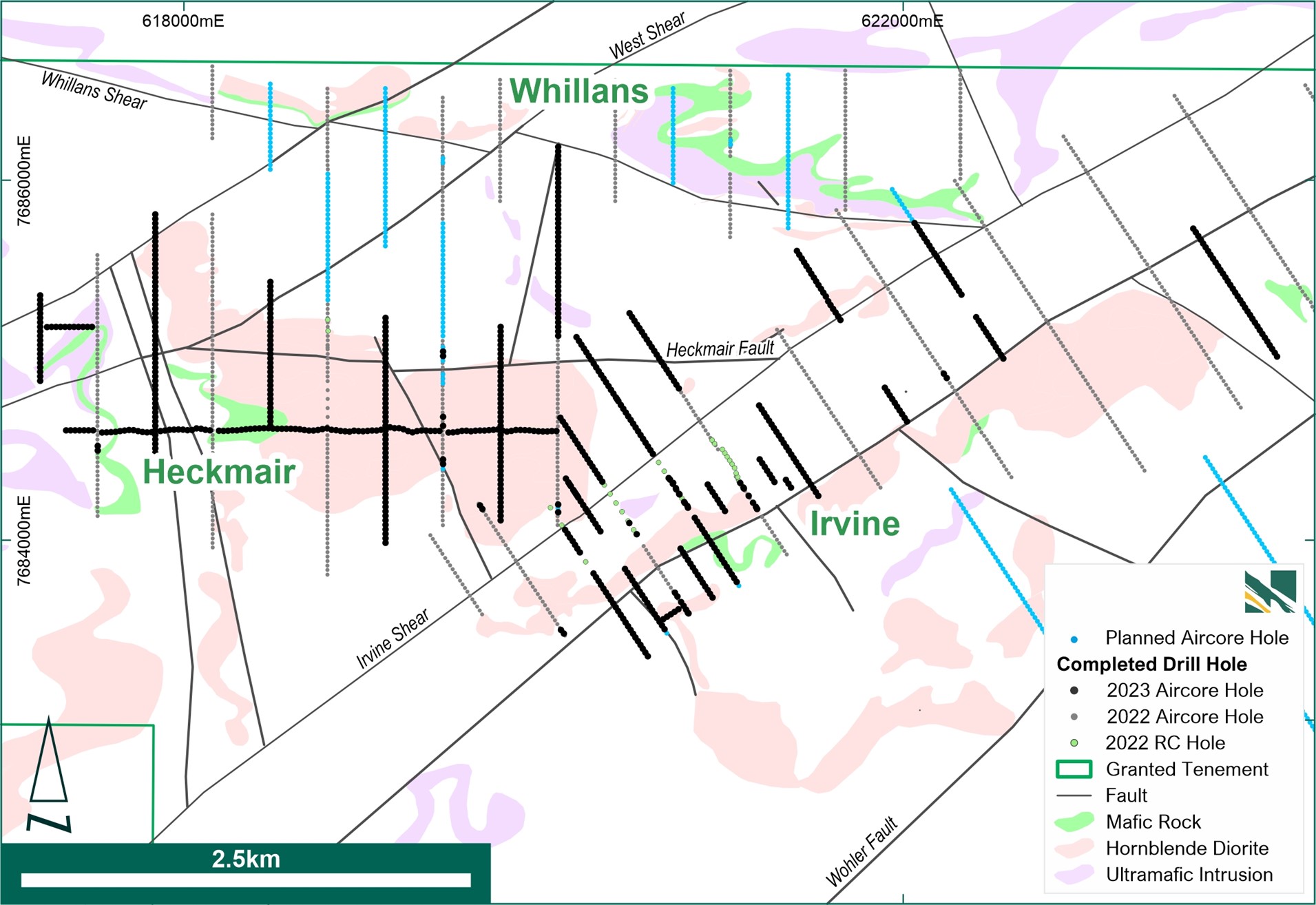 Becher Project with main prospects, AC drilling progress to date and planned AC drilling over interpreted geology.