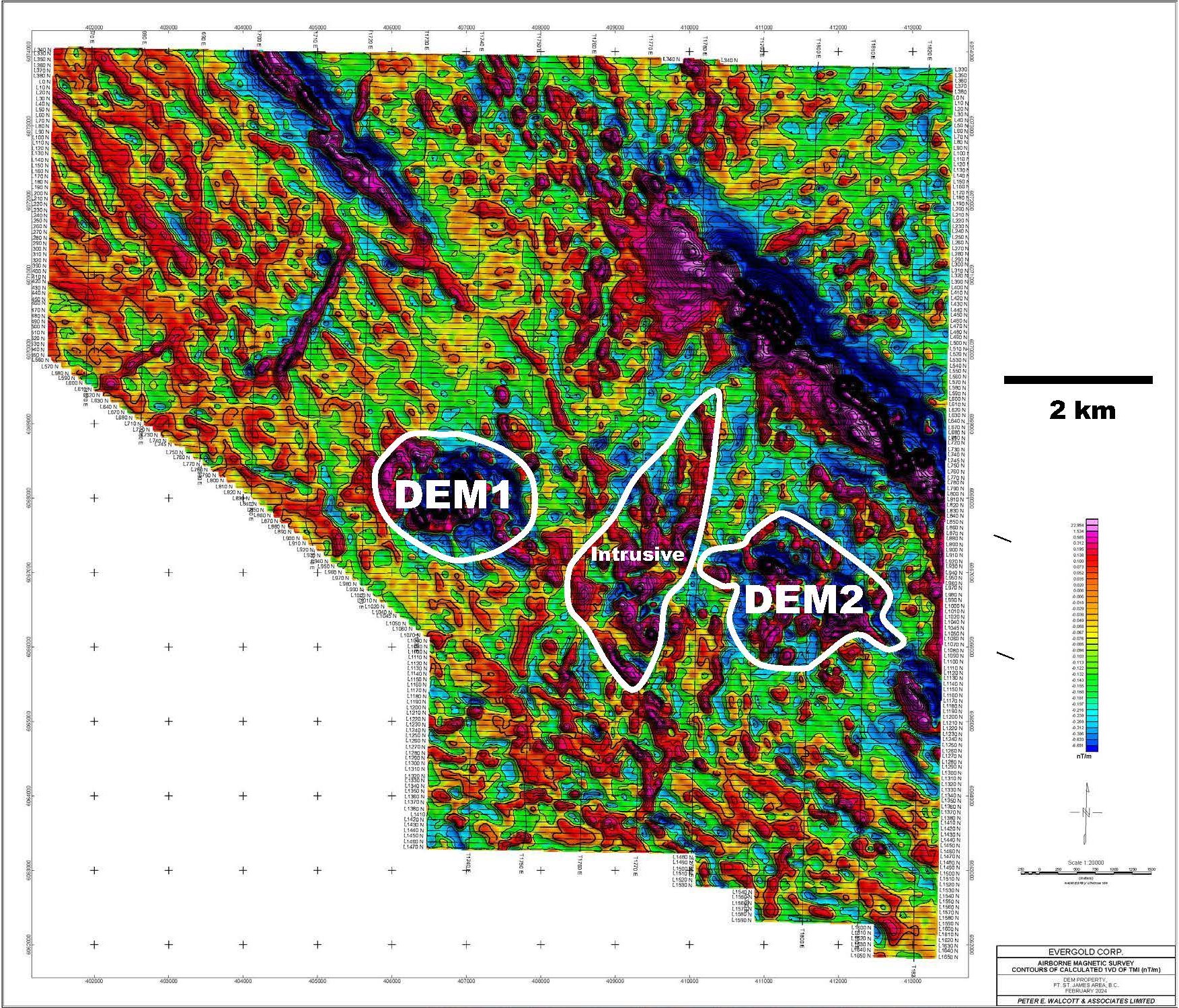 Figure 1 - Key Targets, DEM Property, February 2024 Heliborne Magnetic Survey