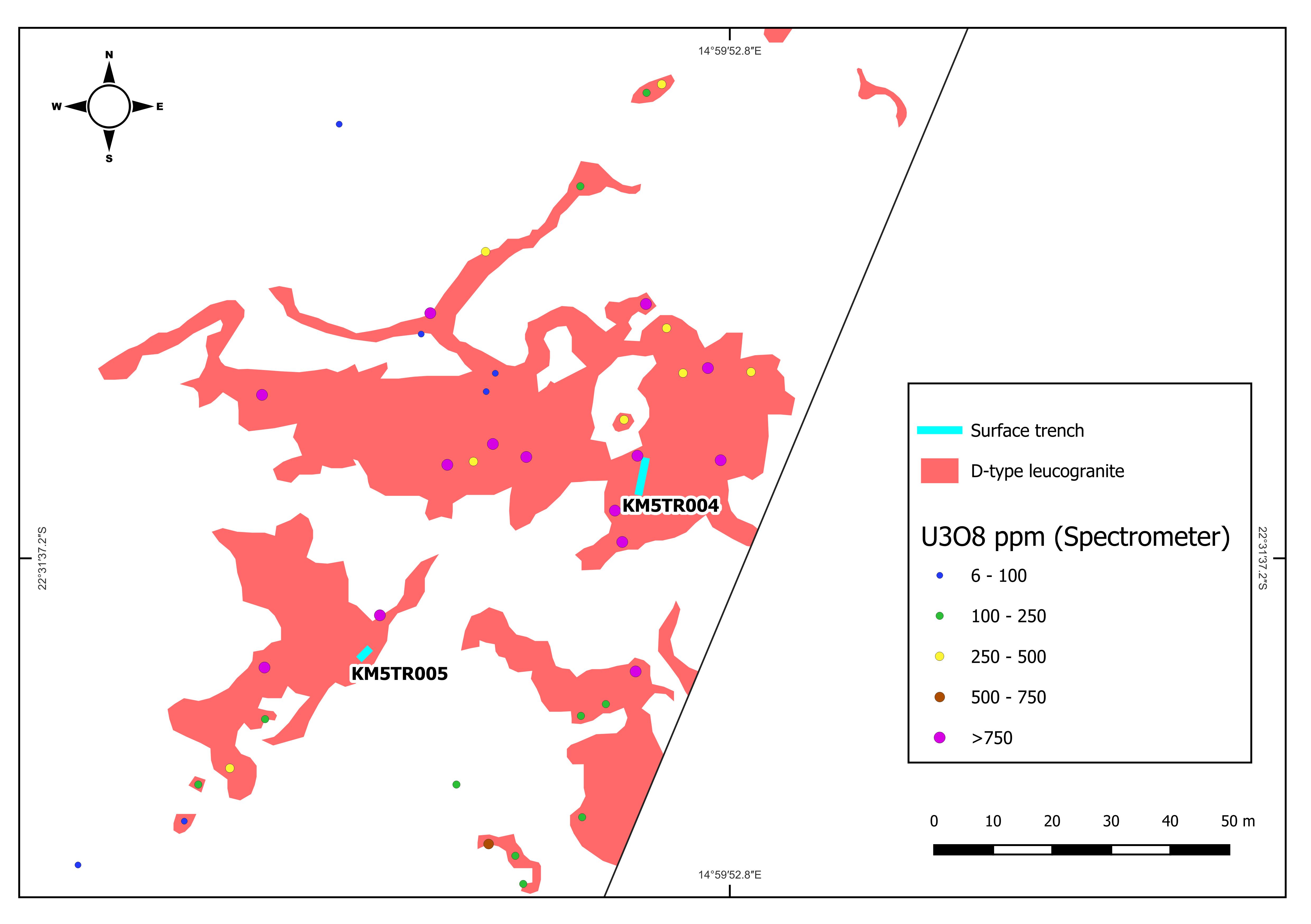 Figure 2: Mapped outcrop of D-type leucogranites in the vicinity of Trenches 4 and 5.