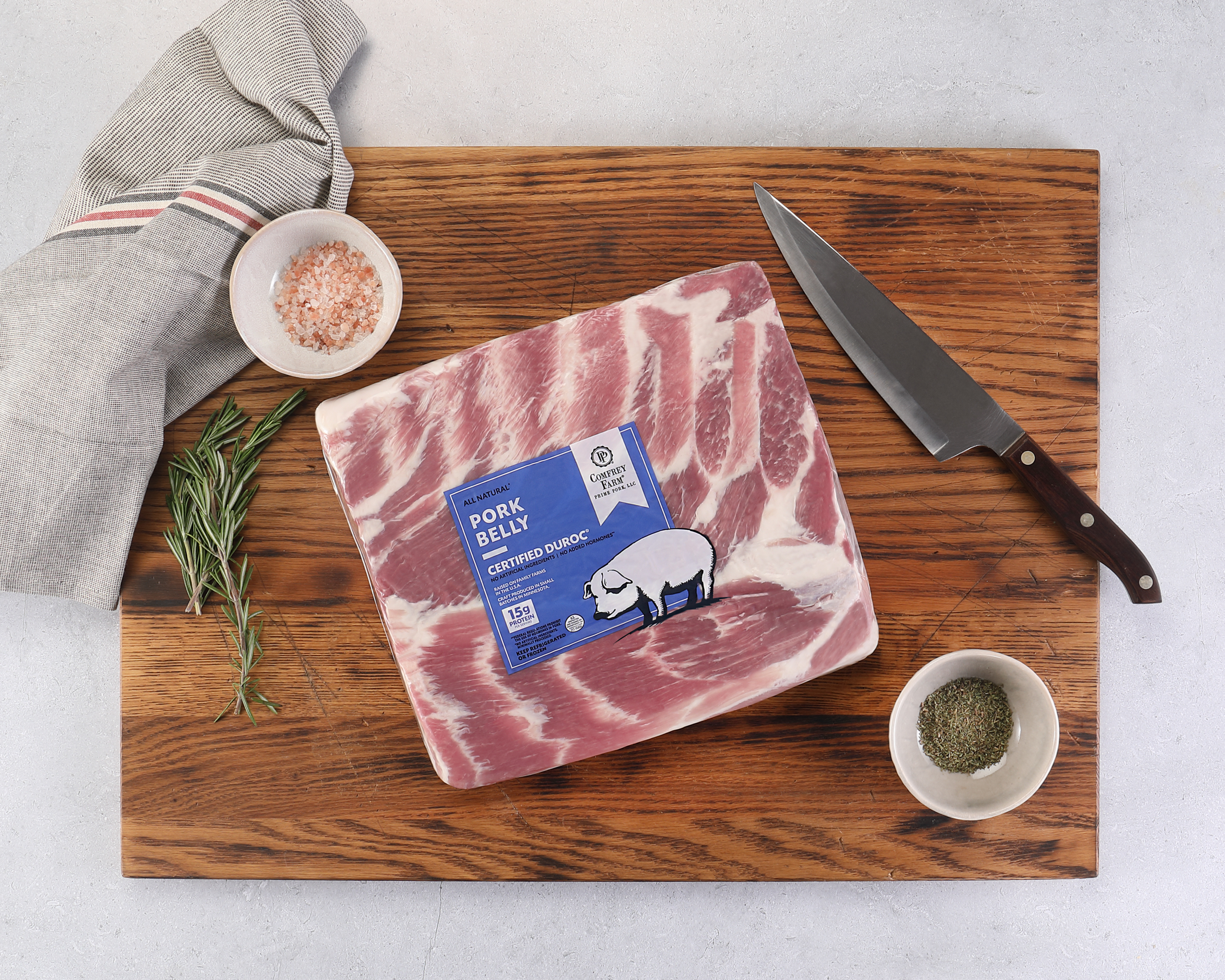 Comfrey Farm Certified DUROC Pork Belly is the go-to cut to make crispy homemade bacon, a sizzling hot trend taking over kitchens across America. Or, smoke it for a treat that's crispy on the outside and melts in your mouth on the first savory bite.
