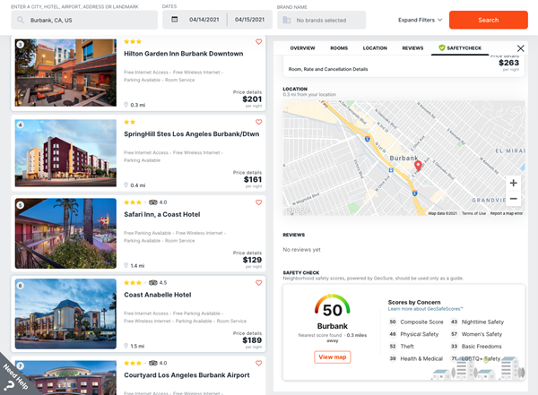 A screen capture of the hotel neighborhood safety scores as seen in the Travel SafetyCheck feature of Etta, the business travel booking and management platform from Deem.