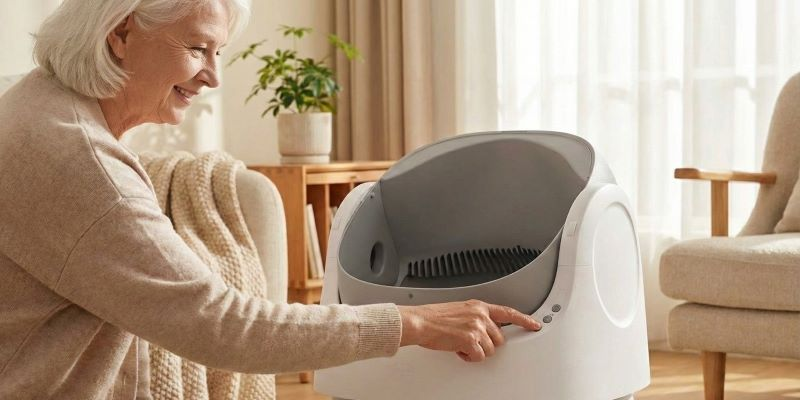 A senior adult using the intuitive touchpad of the PetPivot AutoScooper 11