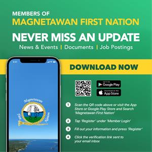 The Magnetawan First Nation mobile app displayed on a mobile device. There is a scannable QR code to download the app.
