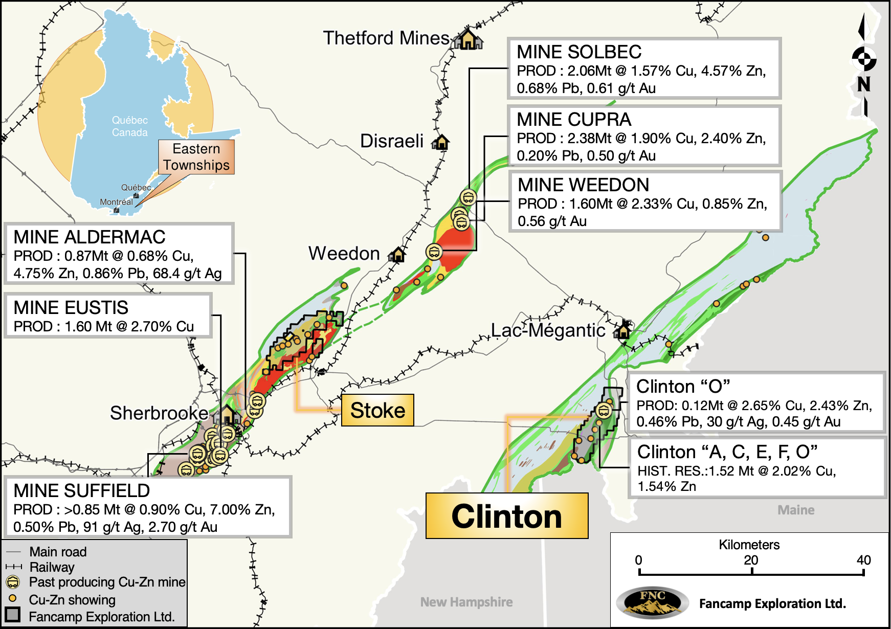 Figure 1: Clinton Project Location Map and Past Copper Producers of the Québec Appalachian.