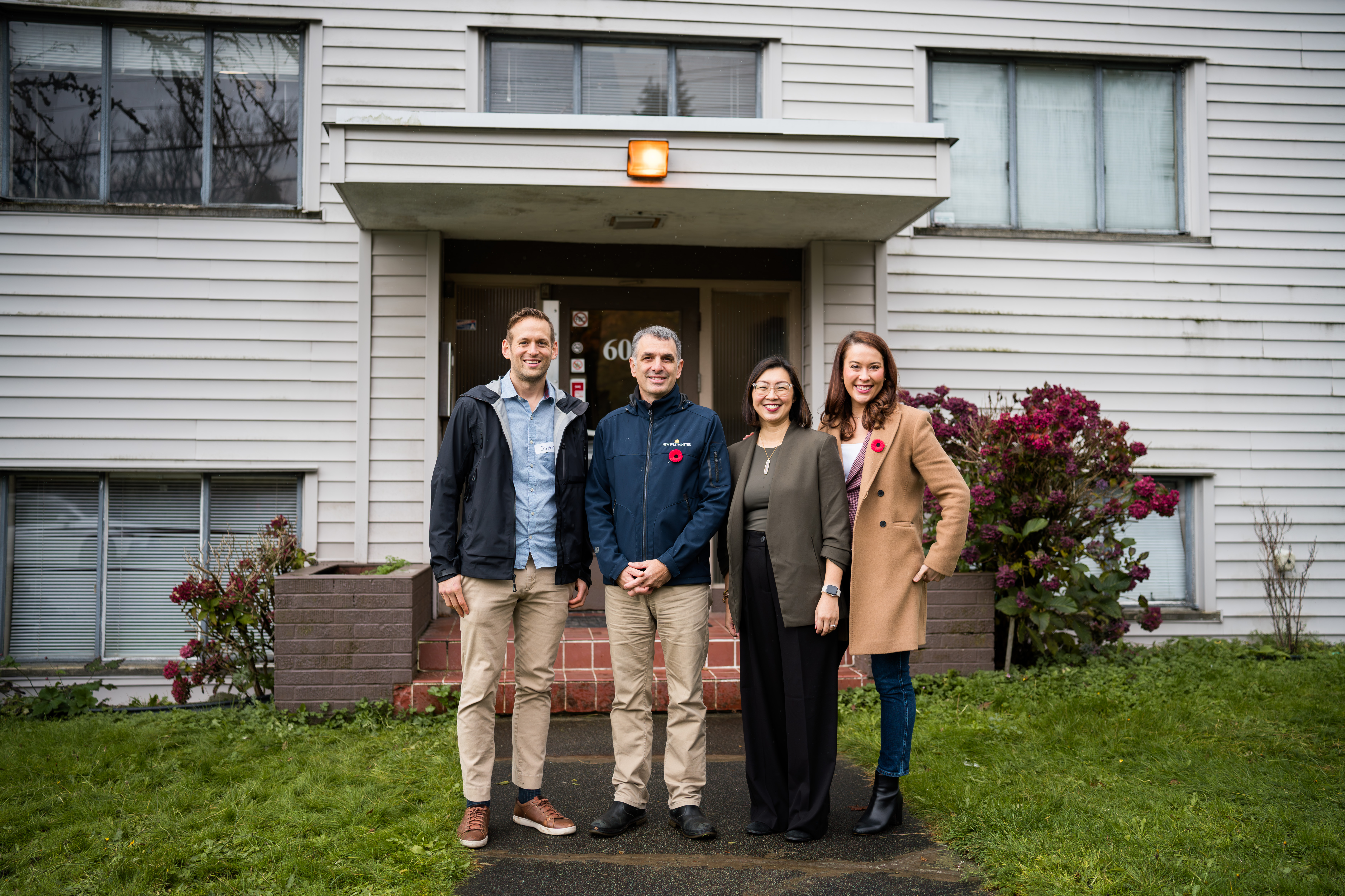 (Left to right) Justin Vaughn, Chair of the Board of Directors of New Hope Community Services Society, City of New Westminster Mayor Patrick Johnstone, of the City of New Westminster, Christina Lui, Executive Director of New Hope Community Services Society, and Katie Maslechko, CEO of the Rental Protection Fund