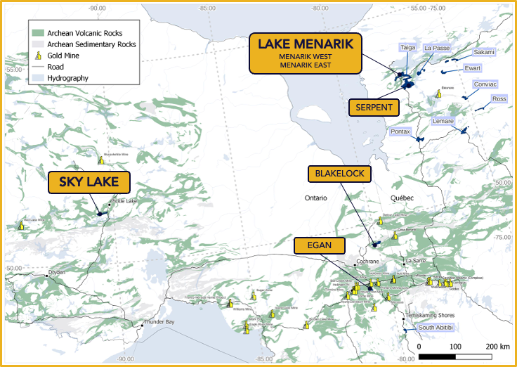 Carte de localisation des projets aurifères et MCS détenus à 100 % par Harfang.