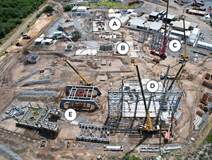 Surface infrastructure as of April 2023 at the Caraíba Operations' new external shaft, including (A) the stage winder foundation, (B) shaft collar, (C) center tower steel erection, (D) foundation and exterior steel frame for the permanent rock and personnel winders, and (E) headgear steel erection.