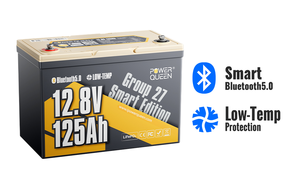 Power Queen 12.8V 125Ah Smart Lithium Battery with Bluetooth 5.0 and Low-Temperature Protection.