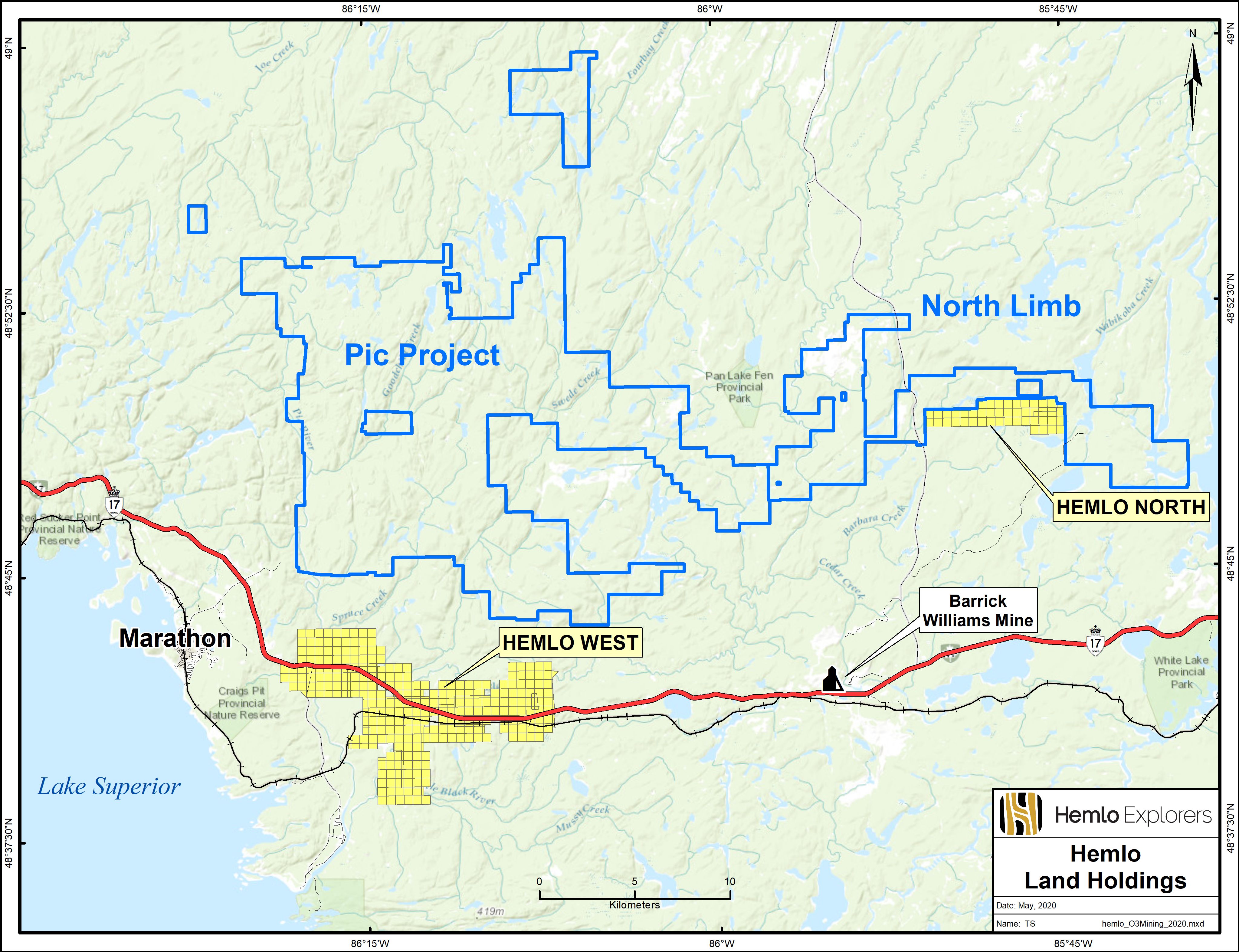 Figure 1: Location of Hemlo North and Hemlo West properties relative to existing Hemlo projects