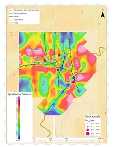 Aparecida brownfield with projected vein extensions and surface and underground sampling results.