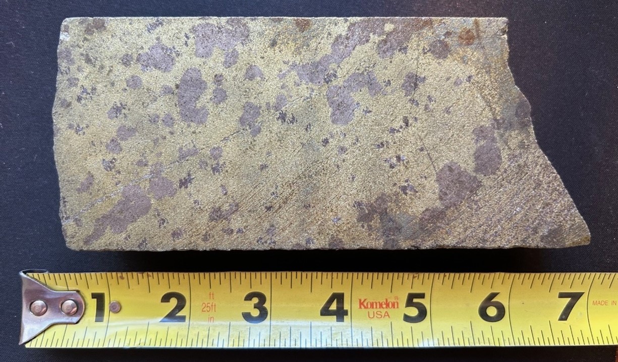 Piece of CMR23-171 split drill core pictured from 15.4 m interval starting from 160.6 m that returned 9.12% Cu, 5.21% Zn, 0.87 g/t Au and 41.93 g/t Ag (11.94% CuEq)