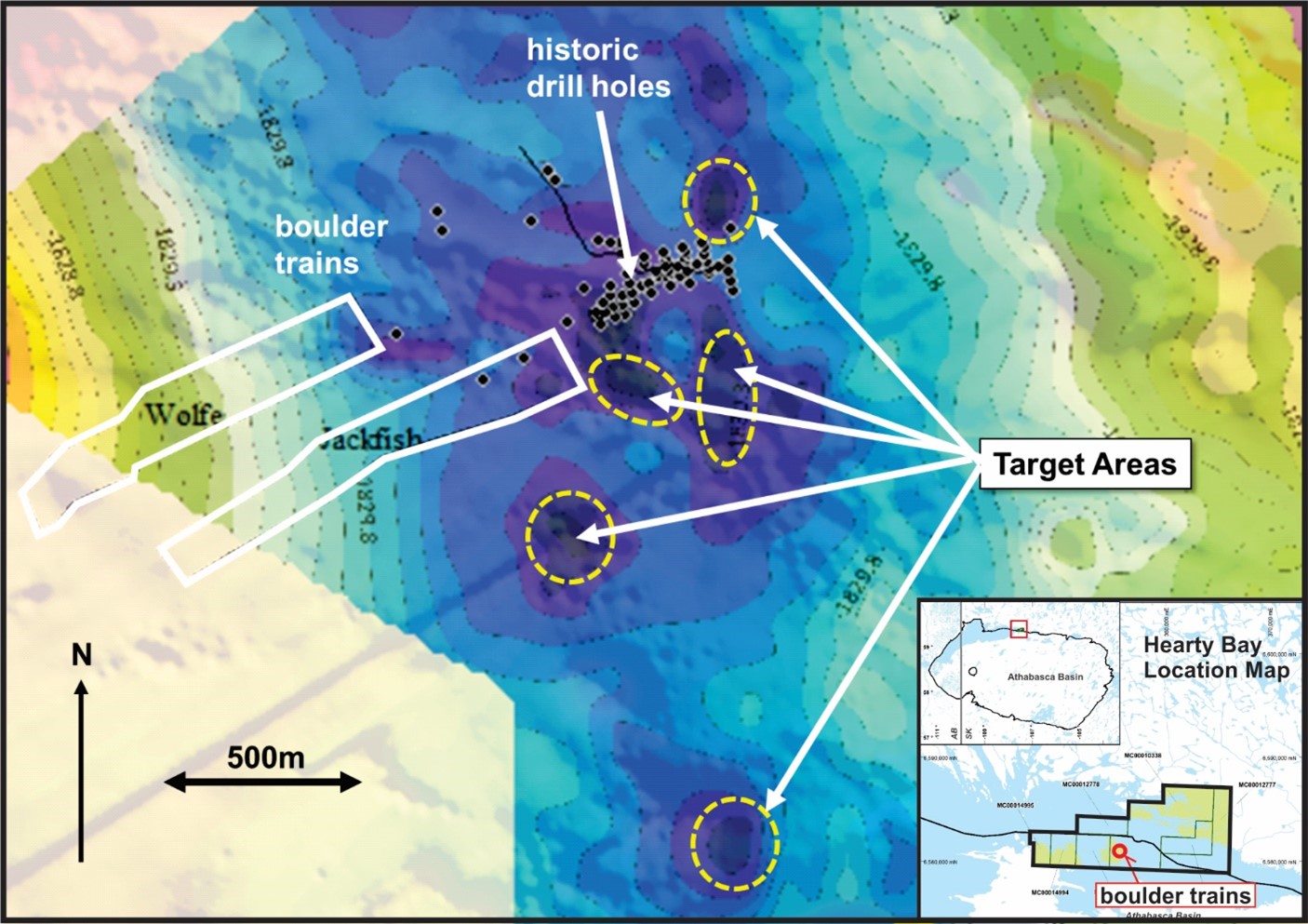 Gravity Anomalies Up-Ice from the two Radioactive Boulder Trains.  The blue colours are gravity lows, possible areas of alteration associated with uranium mineralization.  Note that the historic drilling did not test these areas.